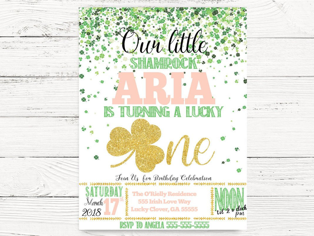 Lucky One First Birthday Girl Invitation,  St. Patricks Day Party Invite, St. Paddy's Invitation, Baby Girl First Birthday Invitation, C097