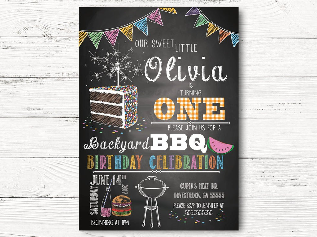 Digital BBQ Birthday Invitation, Girl First Birthday Invitations, Personalized Barbecue Invitation, Girl 1st Birthday Invitation Cards, C043