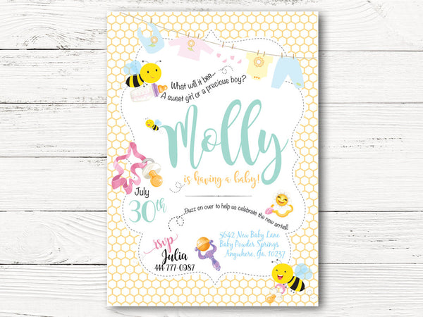 Digital Baby Bumble Bee Baby Shower Invitation, Boy or Girl Shower Invite, Bumble Bee Invitation, Gender Reveal Baby Shower Invite,  C116