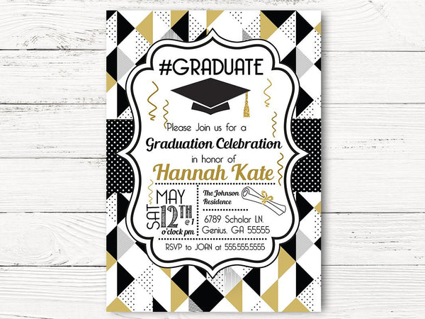Graduation Party Cards, Class of 2017 Graduation Invitations, Black and Gold Graduation Invitations, 2017 Graduation Invite Cards, C054