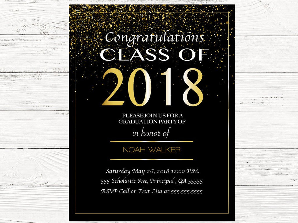 Digital Graduation Invitations, Graduation Party Invite, Class of 2018 Graduation Announcement, 2018 Graduation Invite Black and Gold, C106