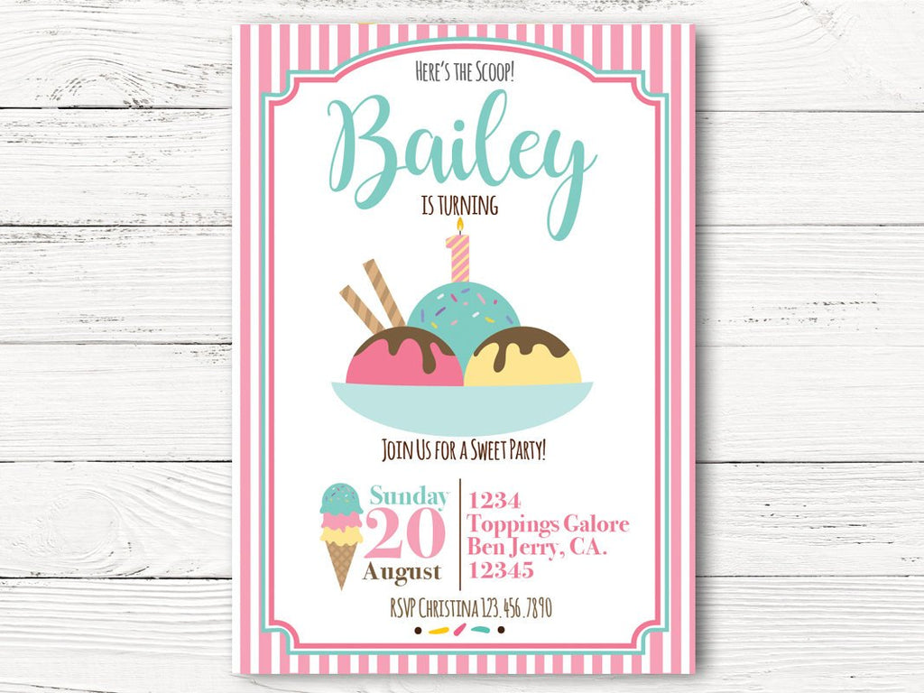 Digital Ice Cream Birthday Invitation, Girl First Birthday, Ice Cream Social Invitation, Girl 1st Birthday Invitation Cards, C124