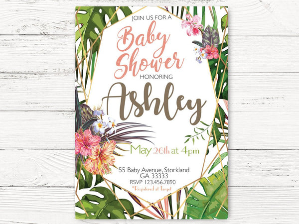 Digital Tropical Baby Shower Invitation, Hawaiian Floral Shower Invite , Baby Girl  Shower Invitation, Hibiscus Invitation C109