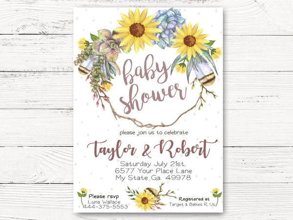 Digital Boho Sunflower Baby Shower Invitation, Sunflower Invite,  Feathers and Sunflowers Invitation, Sunflower Shower Invite,  C118