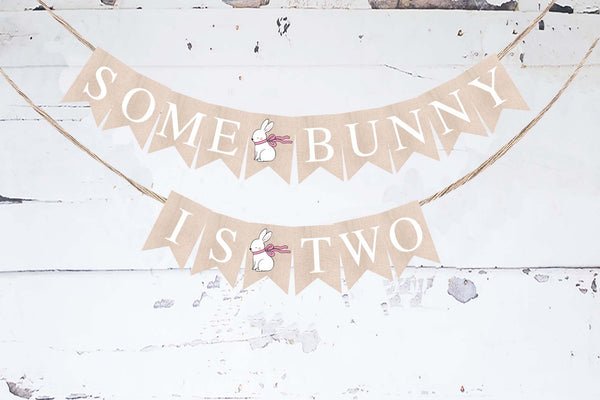 Pink Some Bunny Is Two Banner | Easter Second Birthday Party Decor