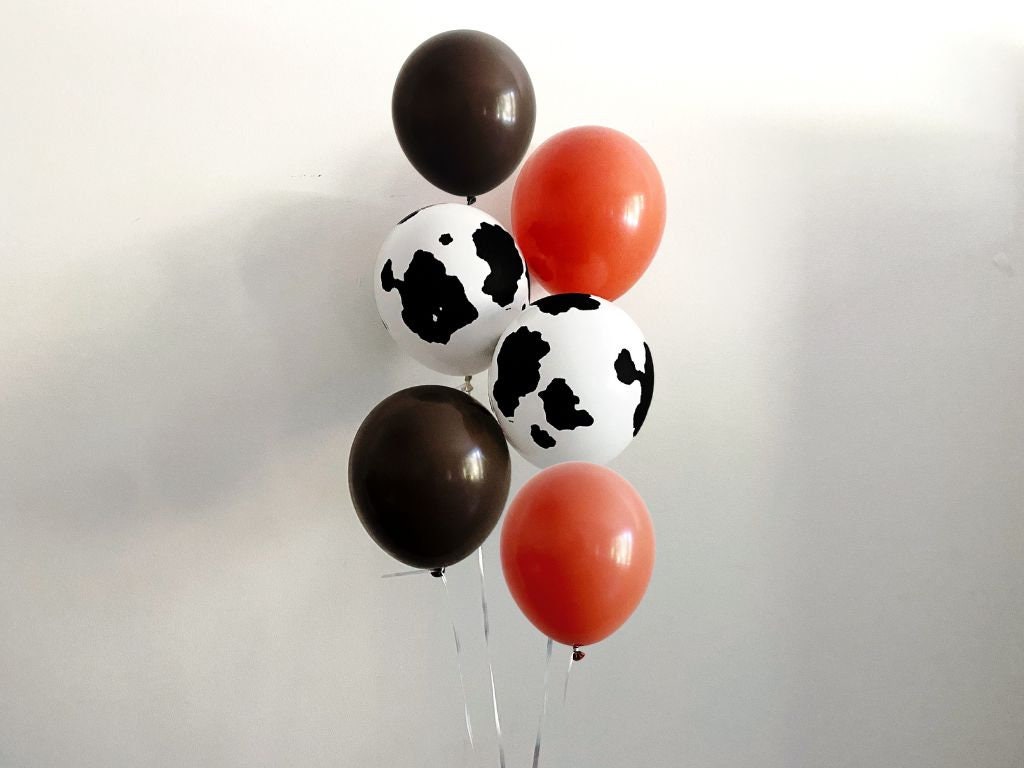 Brown and Orange Cow Print Balloons, First or Second Rodeo Decorations, Cowboy or Cowgirl Balloon Bouquet Set of 6