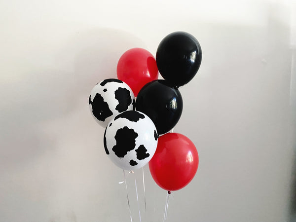 Black and Red Cow Print Balloons, First or Second Rodeo Decorations, Cowboy or Cowgirl Balloon Bouquet Set of 6