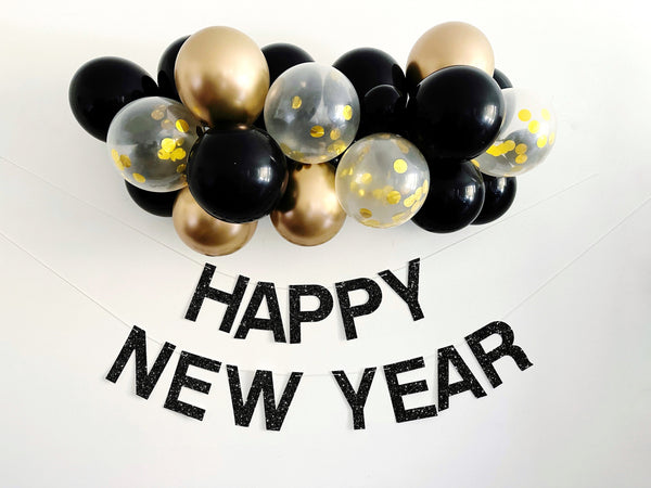 Happy New Year Party Decorations | New Years Eve Decor | Black Happy New Year Banner | New Years Eve Balloons | 2023 New Year Photo Booth