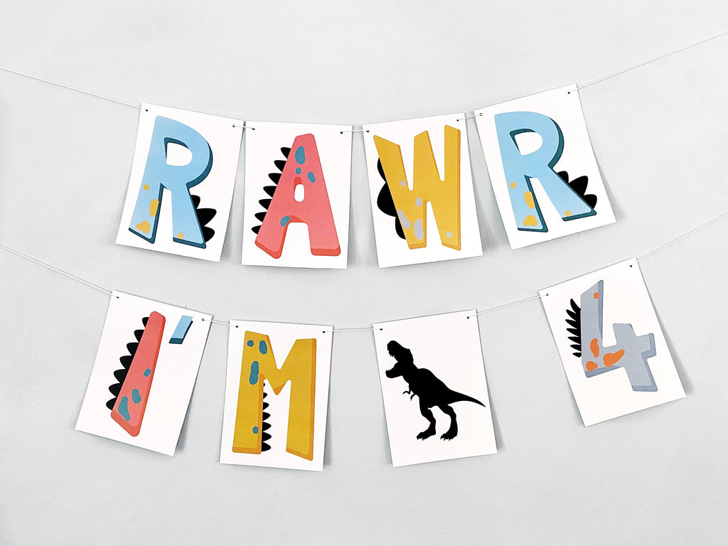 Rawr I'm 4 Card Stock Banner | Dinosaur 4th Birthday Party Decorations – Swanky Party Box rawr-i-m-4-card-stock-banner-dinosaur-4th-birthday-party-decorations-swanky-party-box