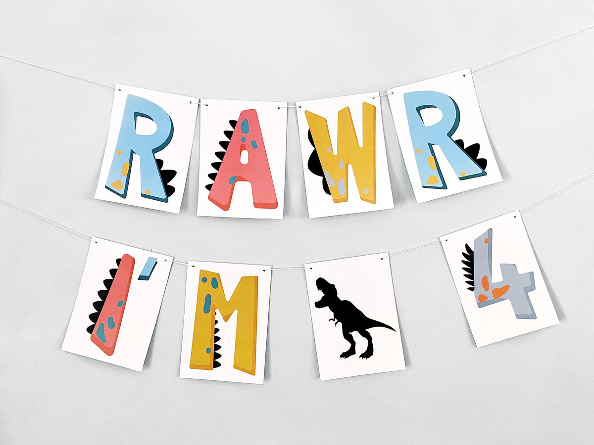 Rawr I'm 4 Card Stock Banner | Dinosaur 4th Birthday Party Decorations – Swanky Party Box rawr-i-m-4-card-stock-banner-dinosaur-4th-birthday-party-decorations-swanky-party-box