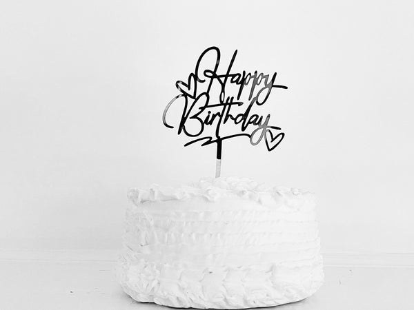 Happy Birthday Cake Topper | Birthday Cake Topper | Silver Chrome Cake Topper