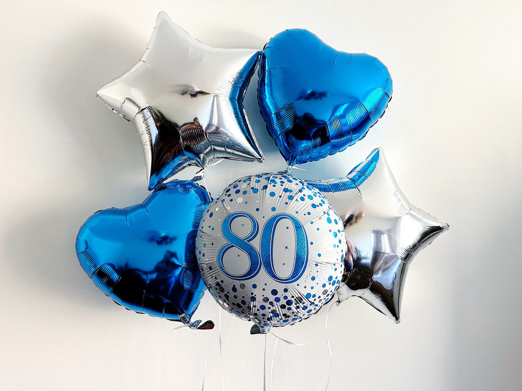 80th Birthday Balloon Bouquet | Blue & Silver Balloons – Swanky ...