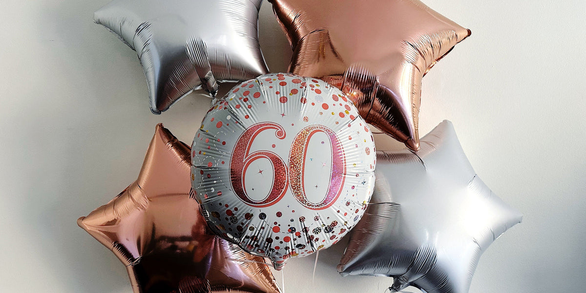 60. Geburtstag Folienballon-Set – 5-teilig, Goldene Sterne & Silberner Schriftzug, Selbstschließendes Ventil