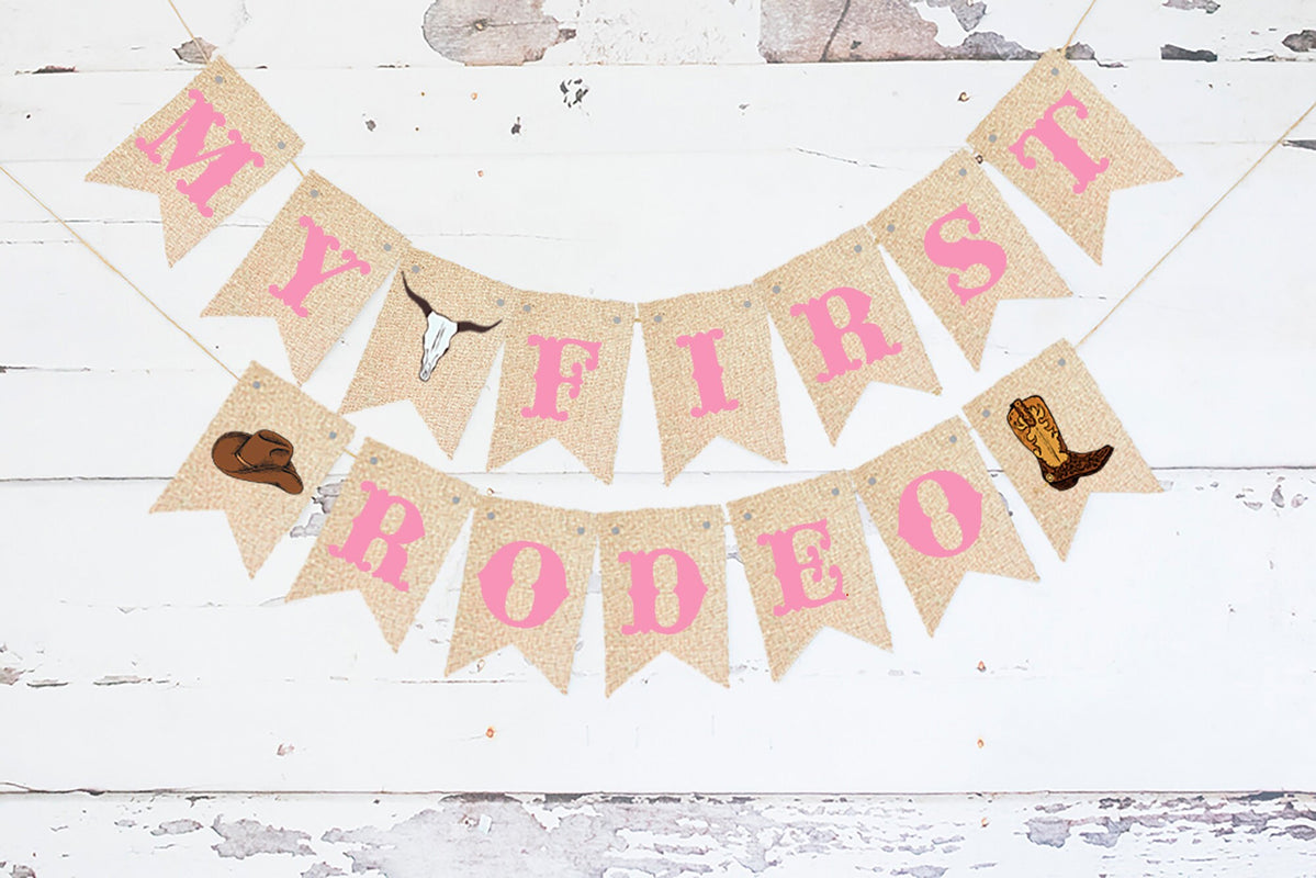Pink My First Rodeo Card Stock Banner | Cowgirl Western 1st Birthday P ...