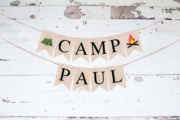Camp Decorations, Personalized Camp Banner, Summer Camp Sign, Camping Party Decoration, Card Stock Banner, Outdoorsy Party Decor PB1138