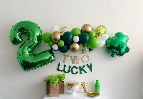 2nd Birthday Party Decorations, St. Patrick's Day Theme Party Kit, Shamrock Balloon, Two Lucky Banner, Green Balloon Garland, COL266