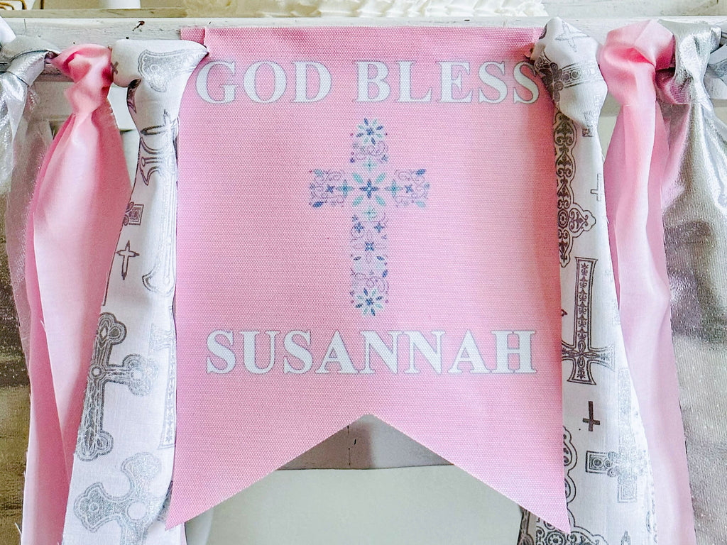 Pink God Bless Highchair Banner, Baptism Decorations, First Holy Communion Banner, Baby Dedication Banner, Confirmation Sign HC048