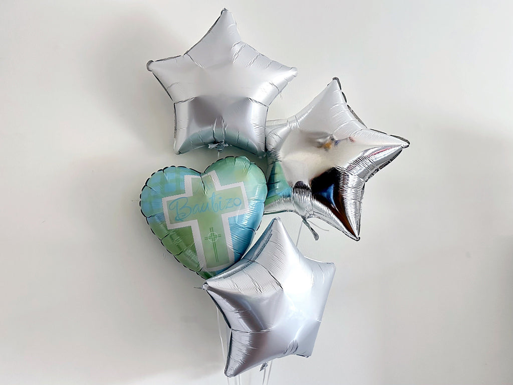 Mi Bautizo Balloon, Christening Decorations, Holy Communion Decor, Silver, Green and Blue First Communion Balloon, Star Balloons, Set of 4