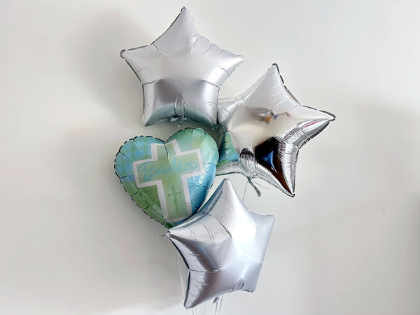 Mi Bautizo Balloon, Christening Decorations, Holy Communion Decor, Silver, Green and Blue First Communion Balloon, Star Balloons, Set of 4