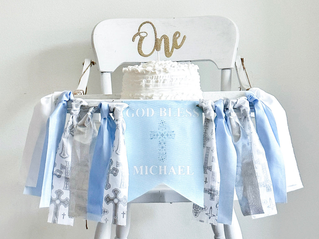Blue God Bless Highchair Banner, Baptism Decorations, First Holy Communion Banner, Baby Dedication Banner, Confirmation Sign HC035