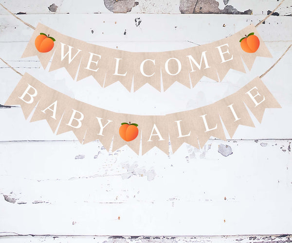Personalized Welcome Baby Peach Banner, Card Stock Banner, Spring or Summer Baby Shower Party Decorations, Baby Sprinkle Sign, PB877
