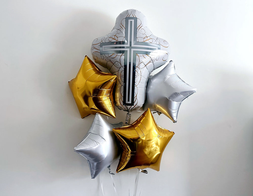 Christening Decorations, Holy Communion Decor, Gold and Silver Cross Balloons, Star Balloons Set of 5