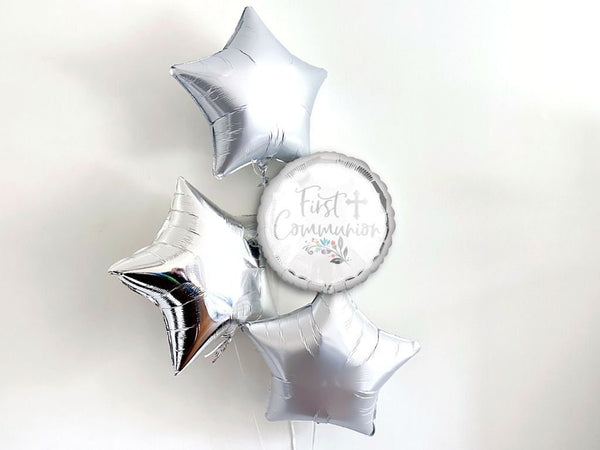 Christening Decorations, Holy Communion Decor, Silver First Communion Balloon, Star Balloons, Set of 4