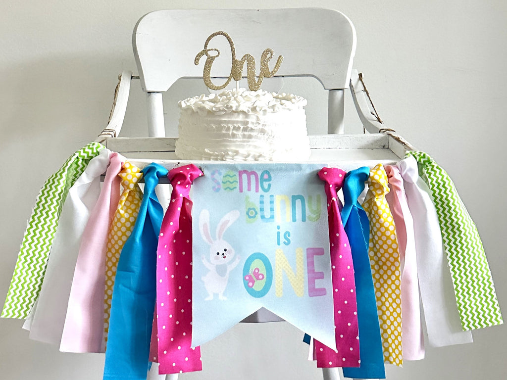Easter First Birthday Decor, Easter Highchair Banner, Easter Bunny Banner, Some Bunny is One, Easter Birthday Party Banner, HC096