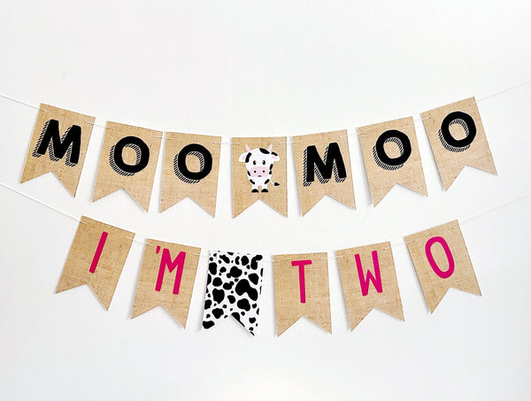 Moo Moo I'm Two Card Stock Banner, Farm Second Birthday Party Decorations, Barnyard Party Banner, 2nd Birthday Banner, Cow Party Decor P282