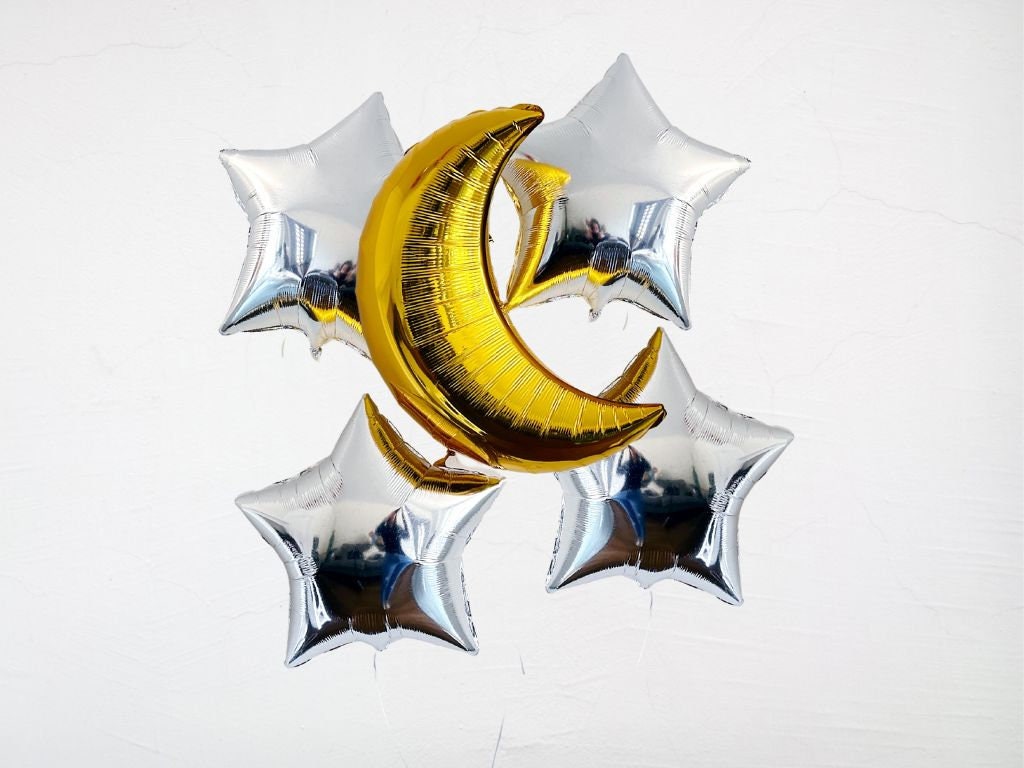 Moon and Stars Balloons Set, Foil Crescent Moon Balloon, Foil Star Balloon, Birthday Party Decorations,  Space Party Decor