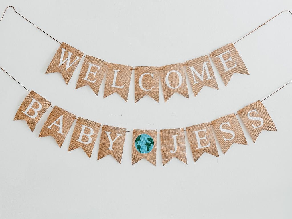Welcome Baby Personalized Globe Balloon Burlap Banner, Baby Shower or Gender Reveal Party Decor, Travel or Adventure Shower Decor, B1149