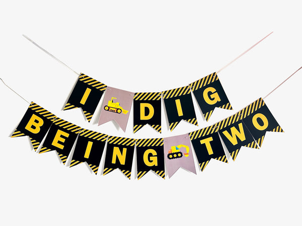 I Dig Being Two  Banner, Second Birthday Construction Party Banner, Kids 2nd Birthday Sign, Construction Trucks Birthday Banner