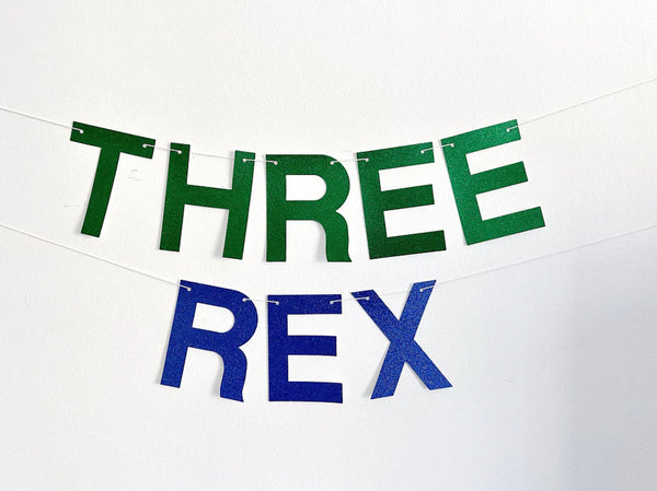 Three Rex Glitter Banner, Dinosaur 3rd Birthday, Third Birthday Banner, T Rex Party Decorations, LB031