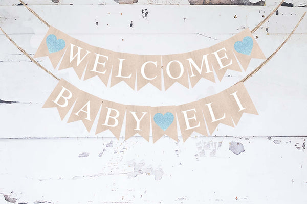 Personalized Welcome Baby Blue Heart Banner, Card Stock Banner, Boy Baby Shower Party Decorations, Baby Sprinkle Sign, PB986