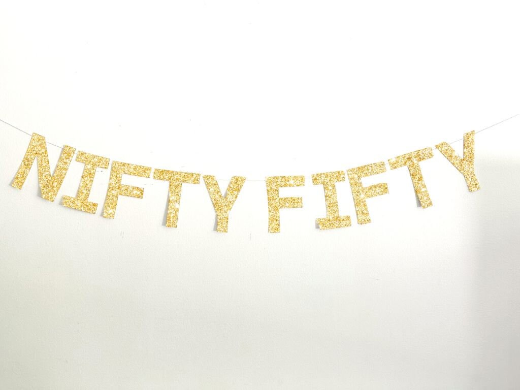 Nifty Fifty Glitter Banner, Gold Glitter 50th Birthday Sign, Gold Letter Garland, Nifty Fifty Photo Prop, 50th Birthday Banner, LB039