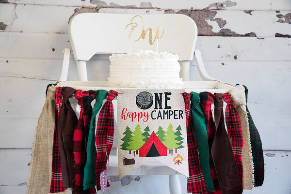 One Happy Camper Highchair Banner, Lumberjack 1st Birthday Decor, Camping First Birthday Party, Cake Smash Prop, One Year Decoration. HC155