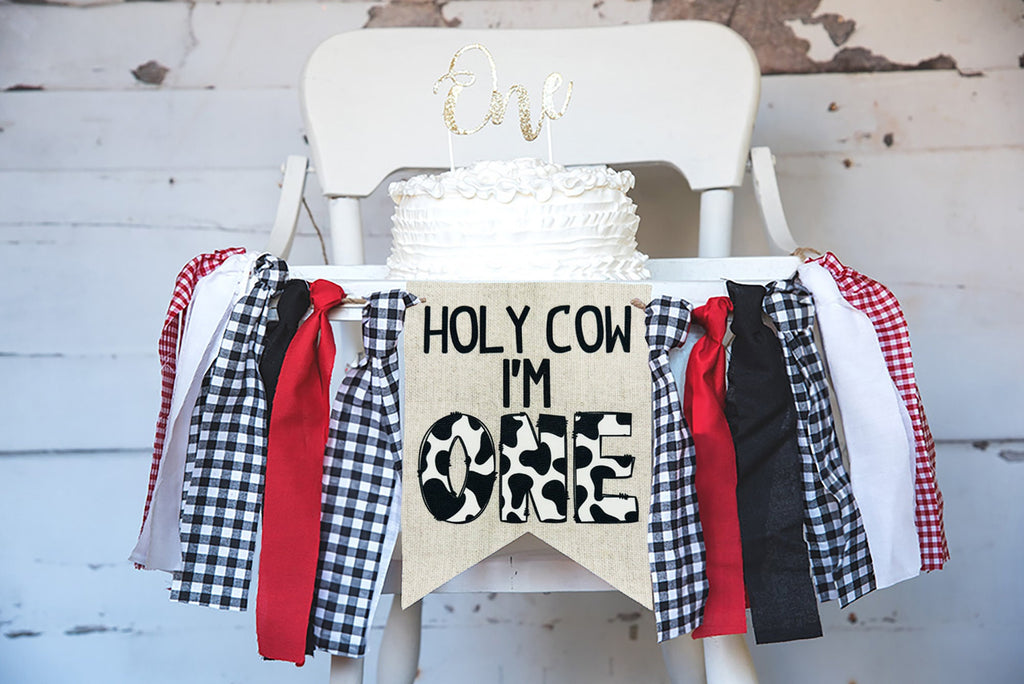 Holy Cow I'm One First Birthday Highchair Banner | Farm Birthday Party Decorations | Red & White Barnyard 1st Birthday Decor | HC117