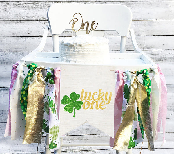 Lucky One Glitter Birthday Banner, St. Patricks Day 1st Birthday Party, First Birthday Highchair Banner,  One Year Old Party Decor, HC118
