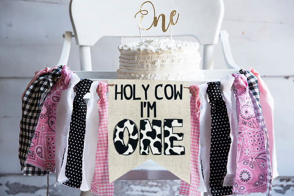 Holy Cow I'm One First Birthday Highchair Banner | Farm Birthday Party Decorations | Pink & White Barnyard 1st Birthday Decor | HC129