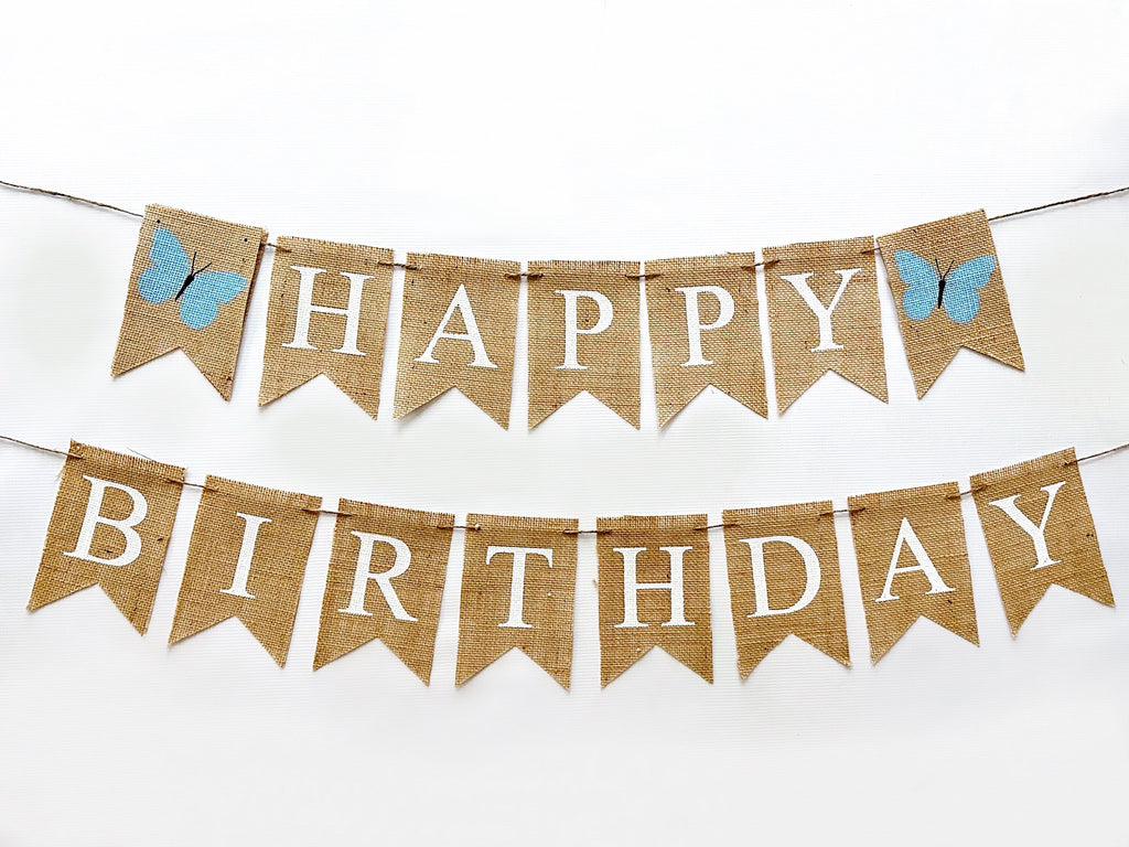 Butterfly Themed Birthday Party, Girl Power Party Decorations, Blue Butterfly Burlap Happy Birthday Banner, Garden Party Decoration, B1202