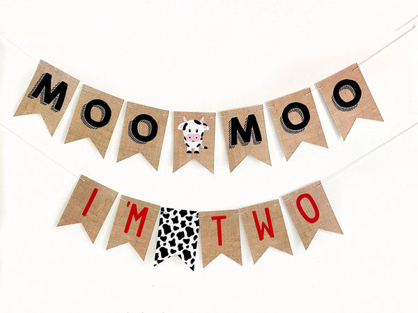 Moo Moo I'm Two Card Stock Banner, Farm Second Birthday Party Decorations, Barnyard Party Banner, 2nd Birthday Banner, Cow Party Decor P356