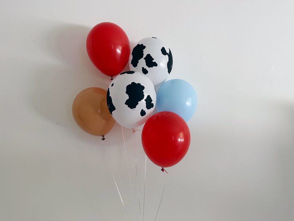 Red and Blue Cow Print Balloons, First or Second Rodeo Decorations, Cowboy or Cowgirl Balloon Bouquet Set of 6