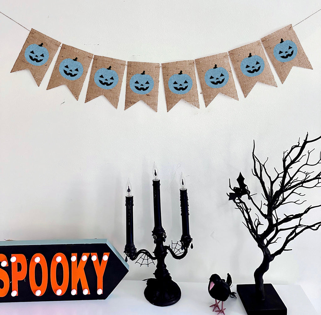 Blue Jack-o-Lantern Pumpkin Burlap Banner, Halloween Party Decorations, Halloween Mantle Garland, Happy Halloween, Halloween Decor, B1296
