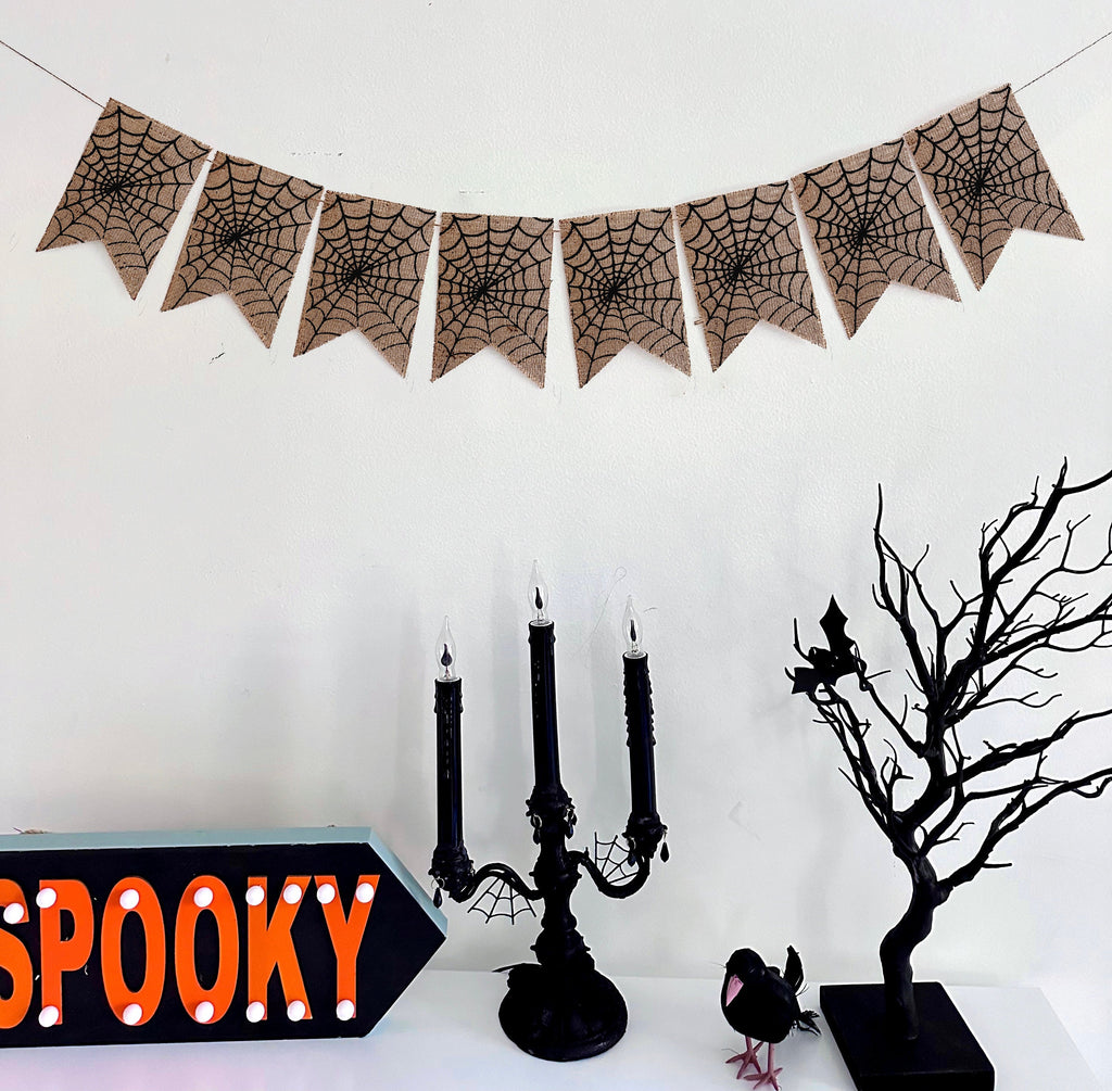 Spider Web Burlap Banner, Halloween Party Decorations, Halloween Mantle Garland, Happy Halloween, Creepy Spider Decor, B1300