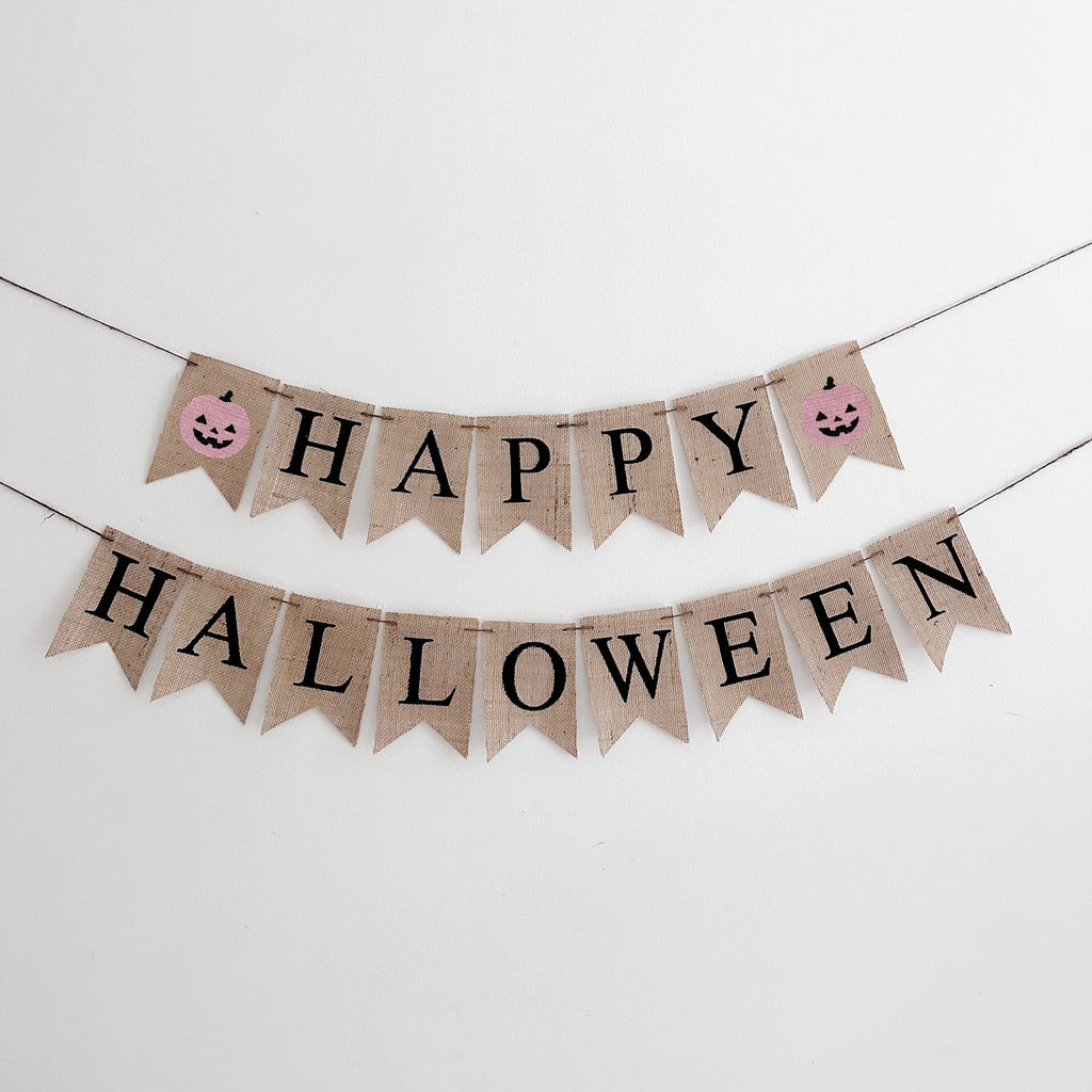 Happy Halloween Burlap Banner, Rustic Halloween Banner, Pink Pumpkin Banner, Halloween Party Decorations, Halloween Home Decor, B1295