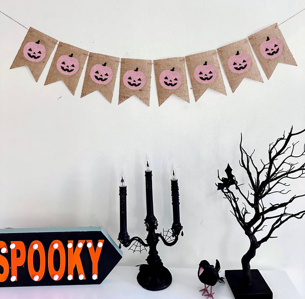 Pink Jack-o-Lantern Pumpkin Burlap Banner, Halloween Party Decorations, Halloween Mantle Garland, Happy Halloween, Halloween Decor, B1299