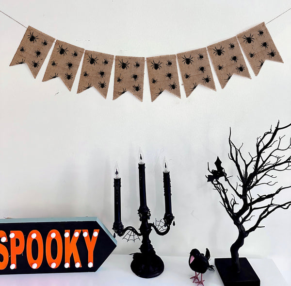 Spider Burlap Banner, Halloween Party Decorations, Halloween Mantle Garland, Happy Halloween, Creepy Spider Decor, B1301