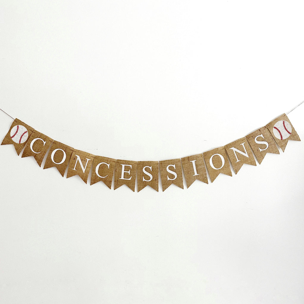 Baseball Concessions Stand Burlap Banner, Sports Recreation Party Decorations, Birthday Snack Table Decor, B1318
