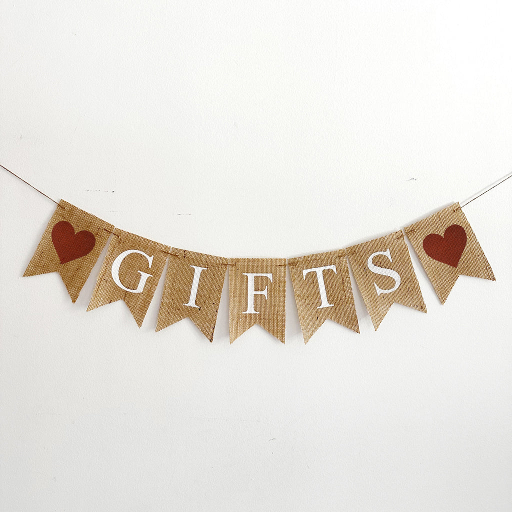 Burlap Gift Banner, Present or Card Area Decorations, Wedding Reception, Birthday Party, and Graduation Gifts Table Sign, B1322
