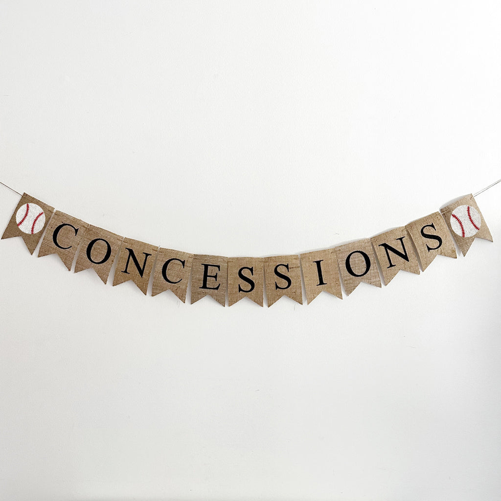 Burlap Concessions Stand Banner, Baseball Recreation Party Decorations, Sports Birthday Snack Table Decor, B1317